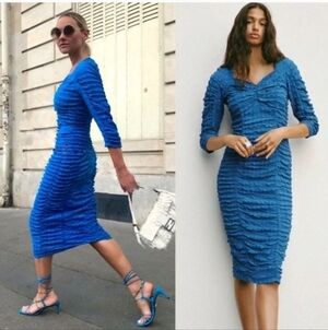 ZARA | Anne Ruched Textured Midi Dress blue Sz S